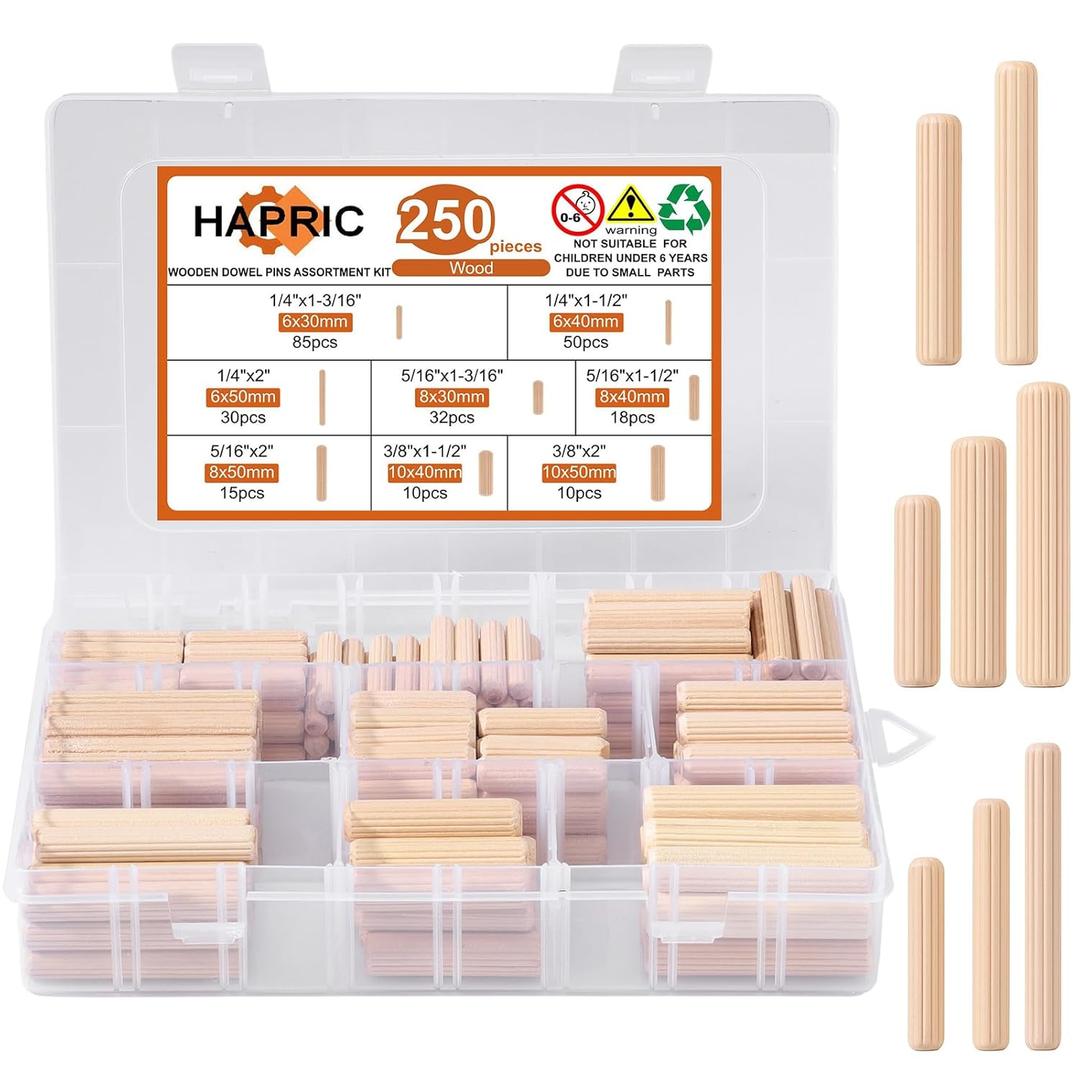 250 Pcs 8 Size Wooden Dowels 1/4'' 5/16'' 3/8'' Wooden Dowel Pins Hardware Pins Fluted Wood Dowels for Crafts Furniture Woodworking DIY Crafts