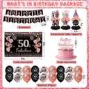 50th Birthday Decorations for Women - Rose Gold 37Pcs All-in-One Party Kit with Banner, Backdrop, Tiara, Sash, Cake Topper, Latex Balloons, Hanging Swirls, Centerpieces