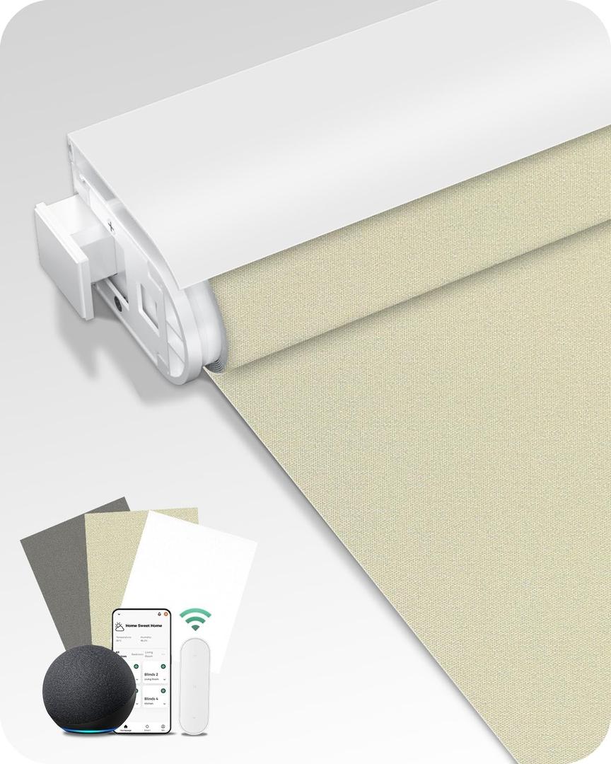 Allesin Motorized Blinds No Drill Automatic Roller Shades with Remote | Rental-Friendly & Easy Install Smart Electric Blackout Window Blinds for Home Office, Living Room Beige 35.5x72