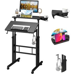 Klvied Adjustable Height Standing Desk with Cup Holder, Portable and Easy to Move, Ideal for Home or Office, Black