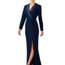 Adrianna Papell Women's Crepe Tuxedo Gown | Double Breasted Long Sleeve Formal Dress with Satin Collar & Leg Slit Size 8