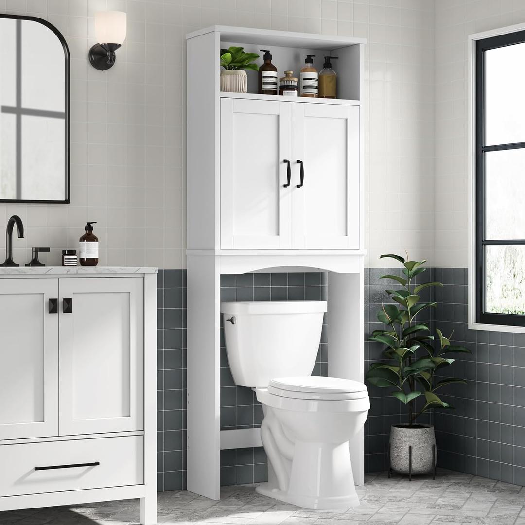 Over The Toilet Storage Cabinet, Over Toilet Storage Bathroom Organizer with Inner Adjustable Shelf and Top Open Storage Above The Toilet Storage Cabinet Behind Toilet Bathroom Cabinet, White, 68"H x 25.2"W x 8.25"D