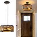 3-Lights Rattan Boho Chandelier for Dining Room Drum Wicker Pendant Light Fixtures Hanging Woven Coastal Ceiling Light for Farmhouse Kitchen Island Living Room Bedroom (Brown+Black)