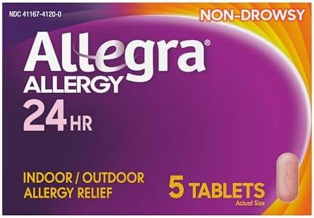 Allegra Adult 24-Hour Allergy Relief Tablets, Non-Drowsy Indoor and Outdoor Allergy Medicine, 180 mg Fexofenadine HCI Antihistamine Pill, 5-Count 2 Pack Exp 5/2026