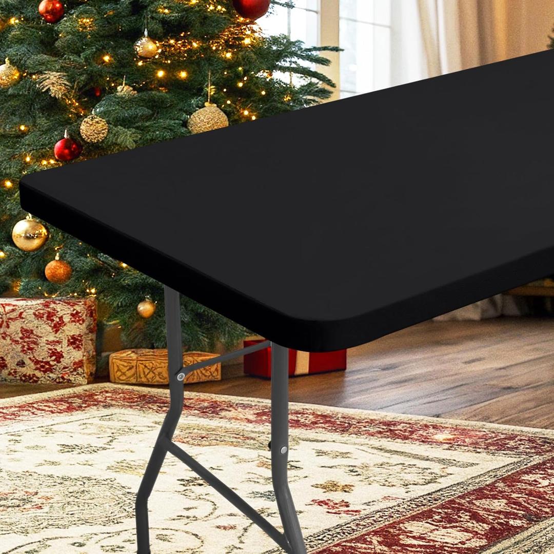homing Rectangle Table Cloth Cover, Waterproof Polyester Elastic Fitted Tablecloth, Fits for 6 Foot Folding Tables, Washable Table Protector for Picnic, Camping, Outdoor (Black, 30" x 72")