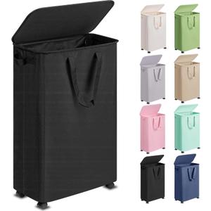 Slim Laundry Hamper with Lid and Wheels, Small Rolling Laundry Basket with Handle for Small Spaces, Tall Dirty Clothes Hampers for Dorm, Bathroom and Bedroom, 75L Black