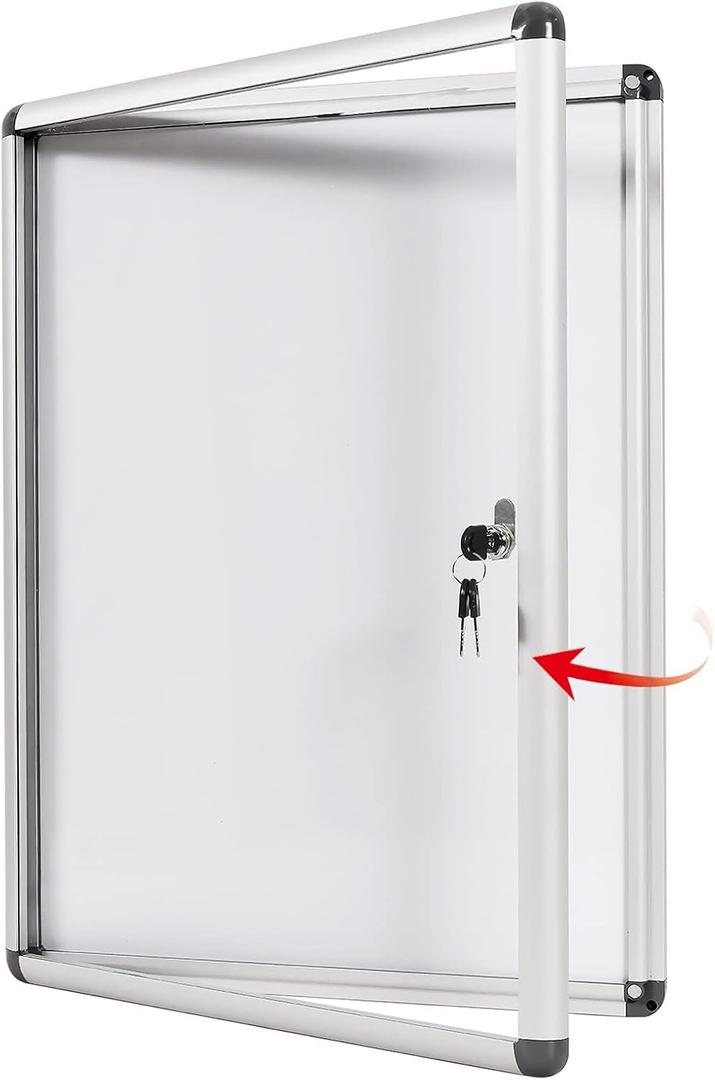 SWANCROWN Enclosed Bulletin Board 26x20 in Lockable Magnetic White Board Wall Display Case, Aluminium Frame, 4xA4 (Indoor Silver Frame)