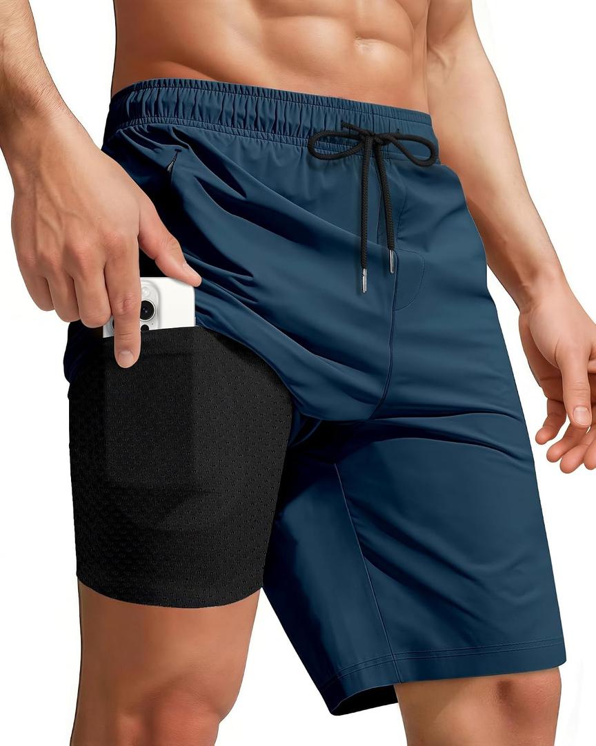 Men Swim Trunks with Compression 9 Inches Breathable Liner Quick Dry Zipper Pockets for Board Beach Gym Running, M