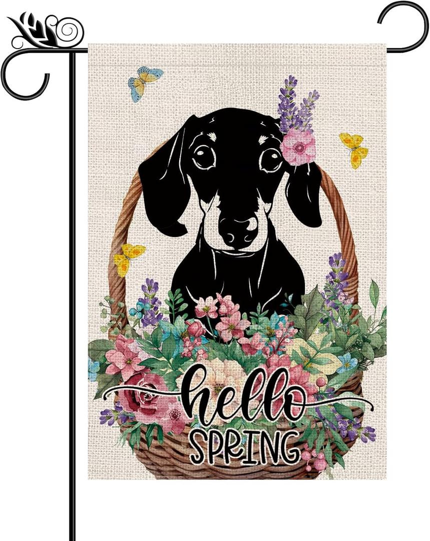 Spring Garden Flag Hello Spring Dachshund Vertical Double Sided Flowers Butterfly Farmhouse Yard Lawn Outdoor Decor 12.5x18 Inch