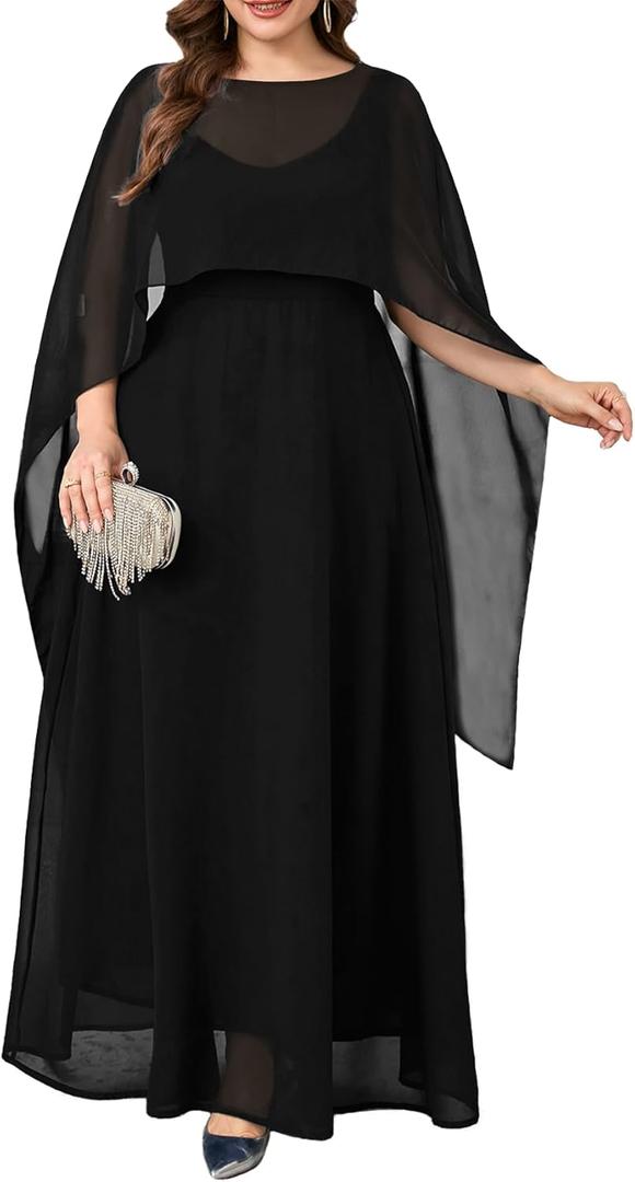 Plus Size Elegant Chiffon Dress Formal Long Cape Sleeve A Line Maxi Evening Gown Wedding Guest Cocktail Dresses, 3XL