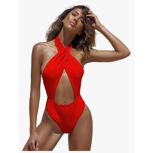 Swimsuits for Women Bikini Dress One Piece Front Cross Swimsuit Ins Style Cut-Out Ruched Solid High Waist Halter Bikini