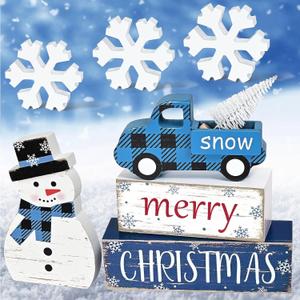 Yinhua Christmas Decorations Indoor, Christmas Table Decor, Blue Truck Snowman Decorations with Xmas Tree & Snowflakes, Farmhouse Wooden Block Sign, Xmas Mantel Decor for Tiered Tray, Desk, Bookshelf