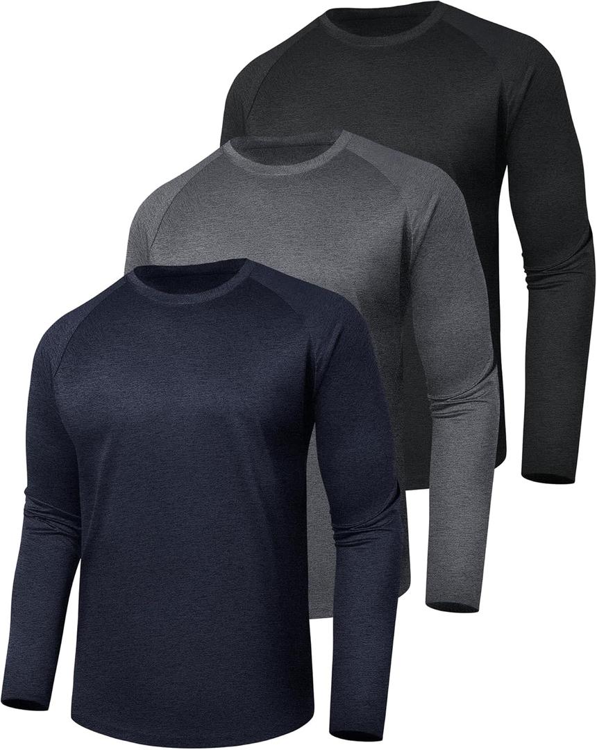 3 Pack Long Sleeve Shirts for Men - Quick Dry Moisture Wicking UV Sun Protection T-Shirts for Fishing Workout Athletic Gym (X-Large, 1-heather Black/Dark Grey/Navy)