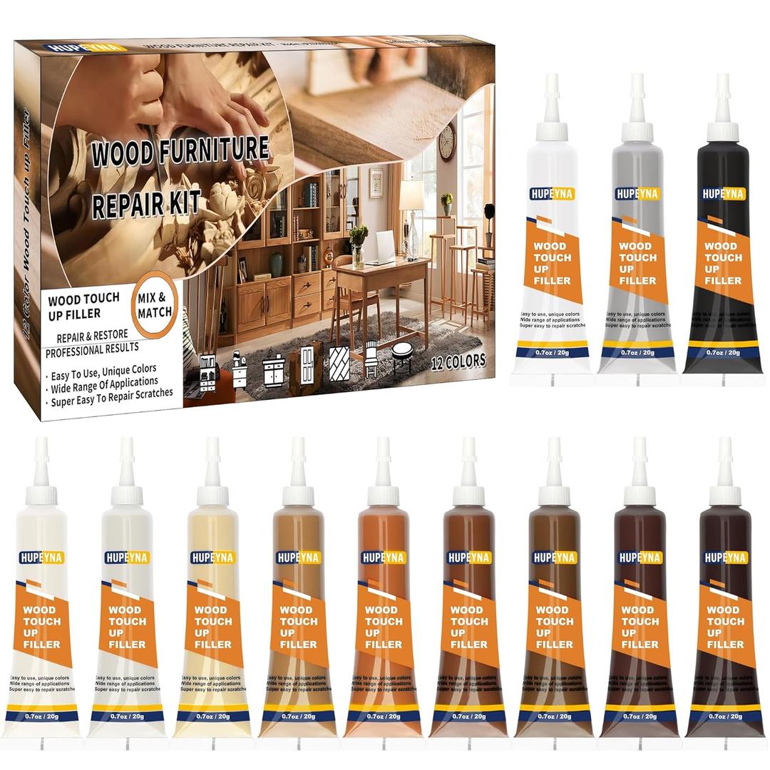 Wood Repair Kit, 12 Color Wood Fillers, Furniture Repair Kit, Repair Scratch, Cracks, Stains, Discoloration for Wood Furniture, Door, Cabinet, Floor, Table Surface Wood Touch up Filler Wood Paint