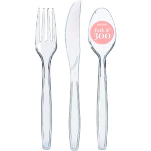 Prestee 300-Piece Plastic Cutlery Set - 100 Each of Clear Plastic Forks, Knives, Spoons - Heavy Duty Silverware for Parties - Disposable Utensils for Weddings and Buffets