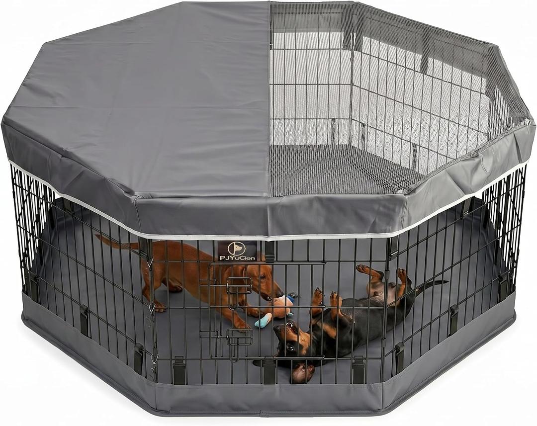 PJYuCien Dog Playpen with Top Cover and Bottom Pad - Metal Foldable Exercise Pen, 8 Panels 24" H x 24" W Indoor Outdoor Pet Fence Puppy Crate Kennel, Gray