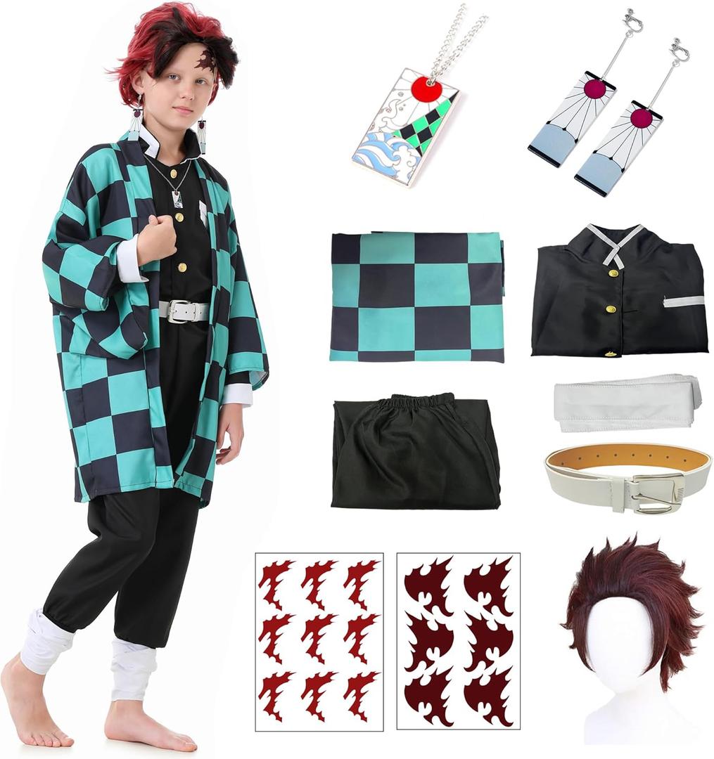 Anime Kimono Costumes Men Boys Halloween Cosplay Green Outfits Cape Festival Uniform Dress Up with Wig (Kids 140)