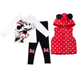 Disney Minnie Mouse Zip Up Vest Puffer T-Shirt and Leggings 3 Piece Outfit Set Infant to Big Kid
