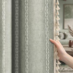 Sage Green Boho Blackout Curtains 2 Panels 84 Inch for Living Room Bedroom, Linen Texture Farmhouse Curtains with Tassels and White Cotton Embroidery Vintage Rustic Country Western