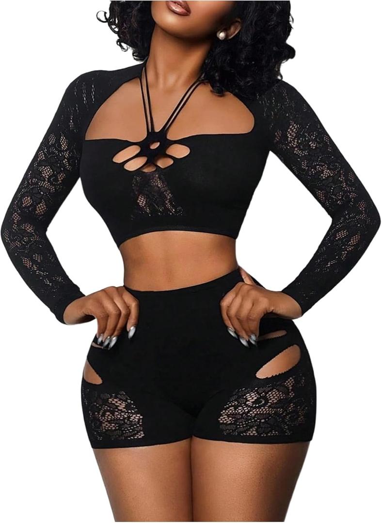 Milumia Women's 2 Piece Outfit Sexy Cut Out Sheer Mesh Crop Top Skinny Shorts Sets (Black) One Size