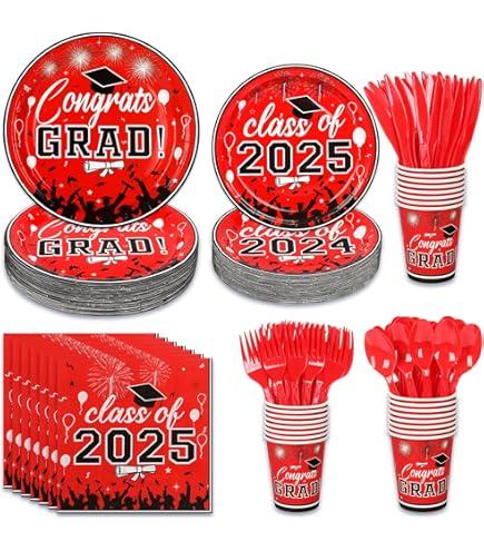 175PCS Graduation Plates and Napkins Set 2025 Graduation Party Supplies Tableware Set Include Paper Plate Napkin Cup Knife Fork Spoon for Grad Party Decor Serve25 (Red and Black)