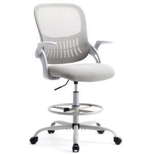 Smug Drafting Chair with Flip-up Arms, Height Adjustable Standing Tall Office Desk Chair with Foot Ring, Ergonomic Swivel Computer Chairs with Rolling Wheels, Grey