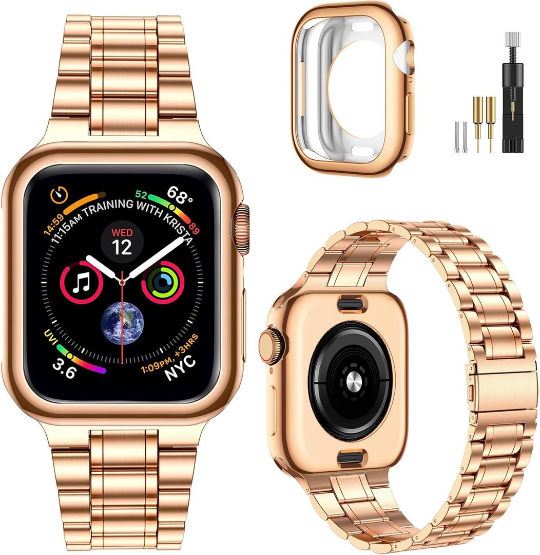 MioHHR Solid Stainless Steel Band Compatible with Apple Watch 42mm (Series 10), Metal Strap with Soft TPU Case for iWatch Series 10 42mm Women and Men, Rose Gold