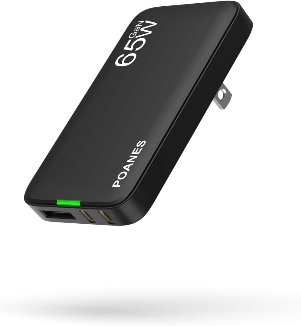 65W GaN USB C Charger, 3-Port Flat USB C Wall Charger with USB A, Fast Charging, Slim, Foldable Plug for MacBook Air, iPad Pro, iPhone 17/16/15 Series, Galaxy(Black-65W)