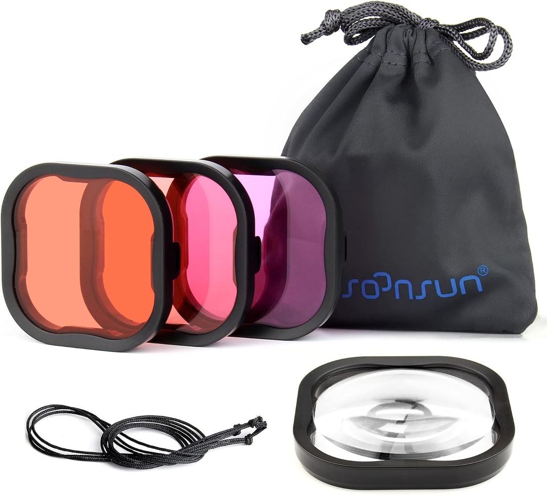 SOONSUN 4-Pack Underwater Dive Filters for GoPro Hero 13 12 11 10 9 8 Black Color Correction Filters with Red, Light Red, Magenta, 5X Macro Close-up Lens Only for Official GoPro Waterproof Housing