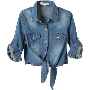 Omoone Women's 3/4 Sleeve Denim Crop Top Tie Knot Shirt Cardigan, Small