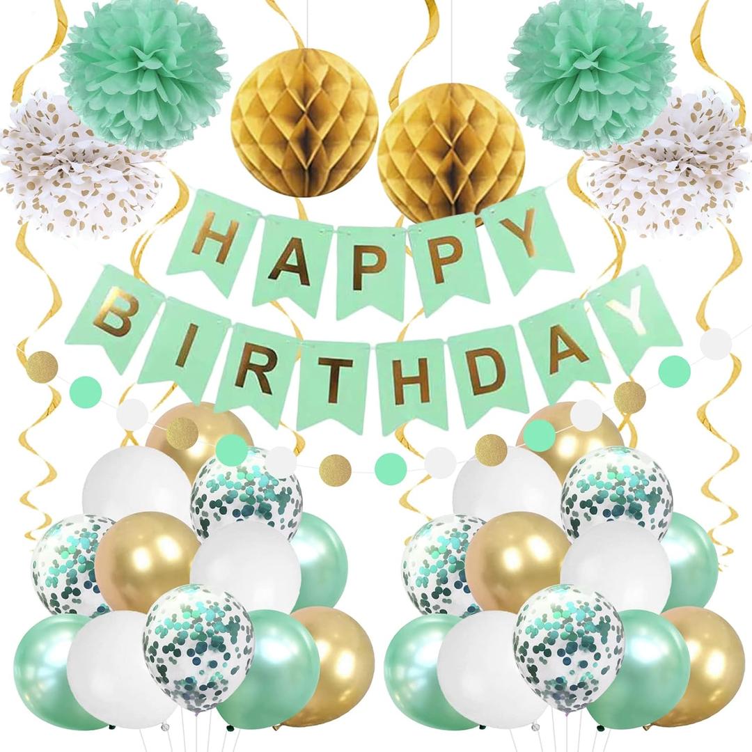 Mint Gold Birthday Decorations for Women Girls, Happy Birthday Decoration, Mint White Party Decorations for 1st 13th 16th 21st 30th 40th 50th 60th 70th Birthday Party Supplies