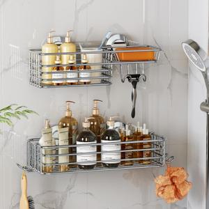 LEVERLOC Shower Caddy Suction Cup, 2 Pack Heavy Duty Bathroom Organizer for Inside Shower with Hooks & Soap Holder, Removable and Rustproof Silver Bathroom Holder Storage