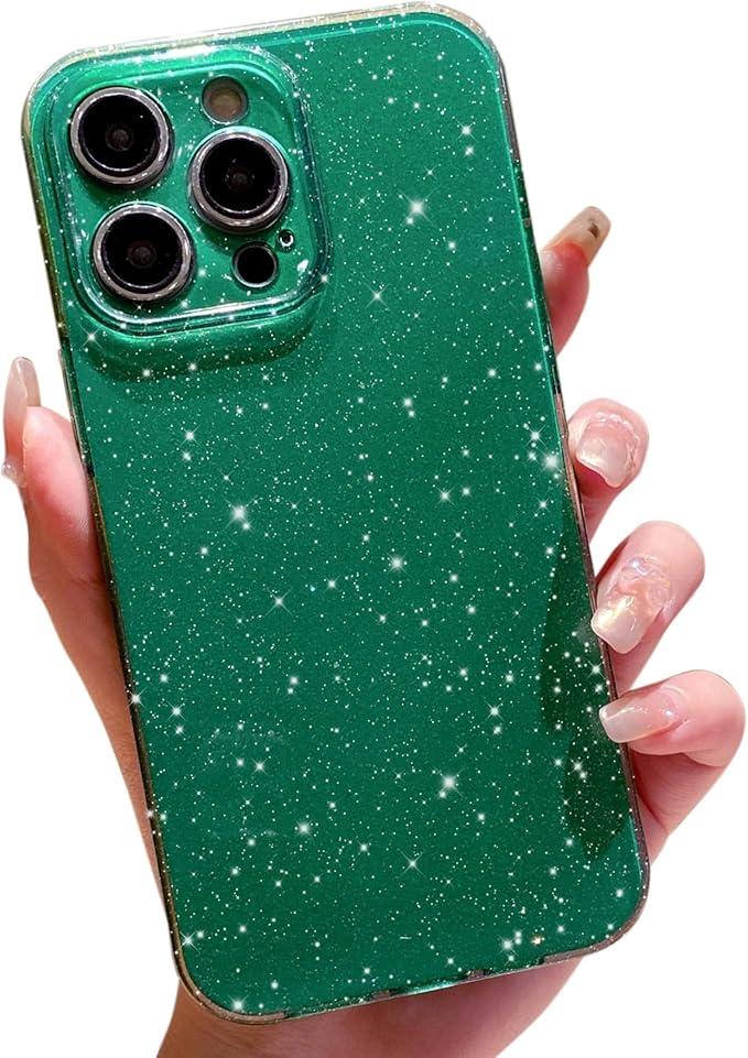 OWLSTAR Cute Glitter Phone Case for iPhone 13 Pro Max 6.7 inch, Sparkly Bling Rubber Gel Slim Bumper Protective Cover for Women Girls Girly (Alpine Green)