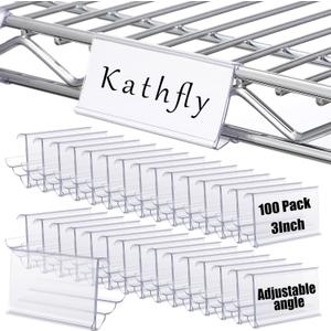 Kathfly 100 Pack Wire Shelf Label Holders Shelf Cable Tags for Wire Shelving 3 Viewing Angles Adjustable Clear Plastic Rack Label Holder 3" Metro Shelving Clips for 1-1/4in Shelves, Retail Warehouses
