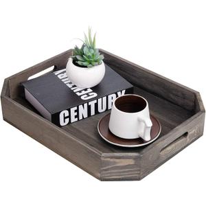 Grey Octagon Country Rustic Wood Nesting Breakfast Serving Trays,Coffee Serving Trays with Cutout Handles,16.5x12.25