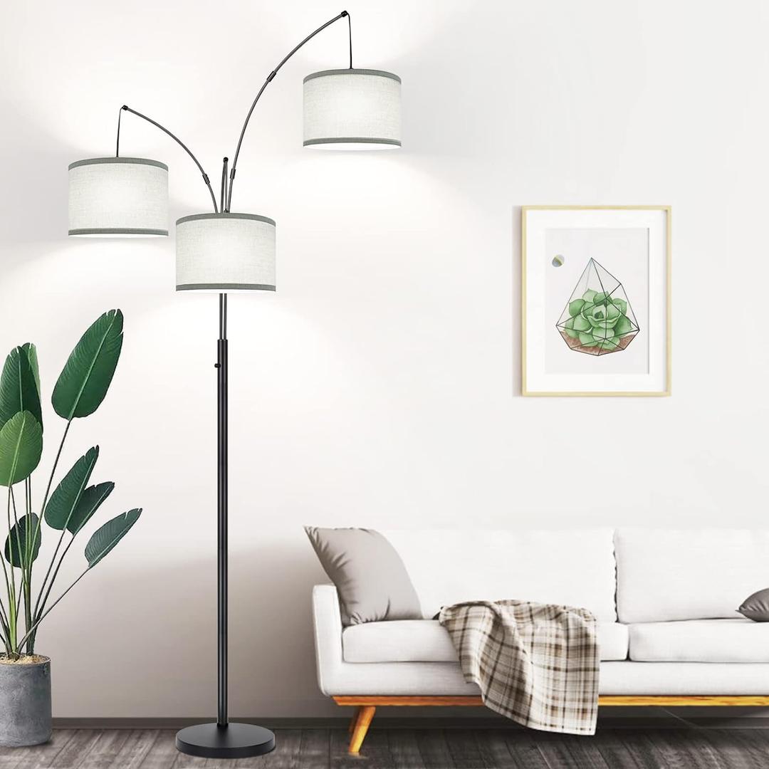 Dimmable Floor Lamp - 3 Lights Arc Floor Lamps for Living Room, 1000LM Modern Tall Standing Lamp With Gray Shades & Heavy Base, Mid Century Tree Floor Lamp for Bedroom Office, 3 LED Bulbs Included (Matte Black-Gray Linen Shades)