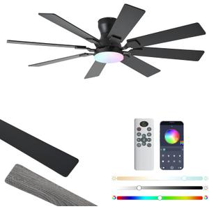 JSAITEE 52 inch Ceiling Fan with Light, 6 Speeds Reversible Low Profile Ceiling Fan with Light and Remote/APP Control, 3 Color Temp+Dimmable RGB, 8 Blades, Flush Mount Quiet Ceiling Fans, Black
