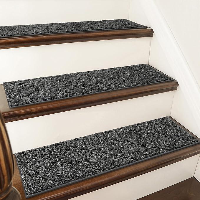 COSY HOMEER Edging Stair Treads Non-Slip Carpet Mat 28inX9in Indoor Stair Runners for Wooden Steps, Edging Stair Rugs for Kids and Dogs, 100% Polyester TPE Backing (15pc, Grey)