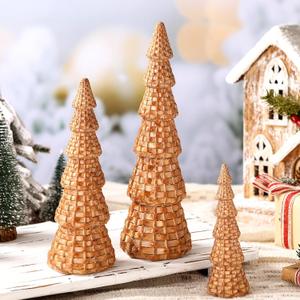 Soulchen 3 Pcs Rattan Resin Christmas Tree Cone Christmas Decor Tabletop Winter Minimalist for Holiday Entryway Table Mantel Centerpiece