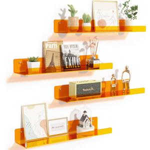 upsimples Acrylic Shelves for Wall Decor, 15" Display Shelf Perfume Organizer for Bathroom, Bedroom, Living Room, Floating Bookshelves for Kids, Clear Orange, 4 Pack