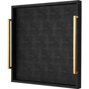 Extra Black Large Serving Tray with Handles for Ottoman,Versatile Shagreen Leather Square Ottoman Tray for Living Room (20" x 20" x 3")