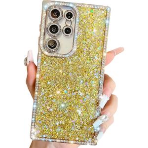 Trendy Girly Glitter Powder Compatible with Sumsung Galaxy Rectangle Case, Elegent Cute Slim Women Bling Diamond Rhinestones Plating Phone Cases(Gold,S25 Ultra)