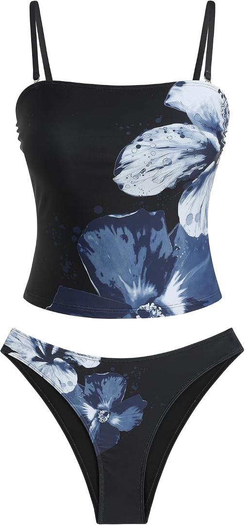 ZAFUL Women's Floral Tankini Swimsuits Bandeau Tummy Control High Cut Tankini Set Two Piece Bathing Suit (Blue, L)