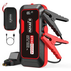 S ZEVZO ET03 Car Jump Starter 4000A Jump Starter Battery Pack for Up to 8.0L Gas and 7.0L Diesel Engines, 74Wh Portable 12V Jump Box with USB Ports, LCD Display, Storage Case, and LED Light