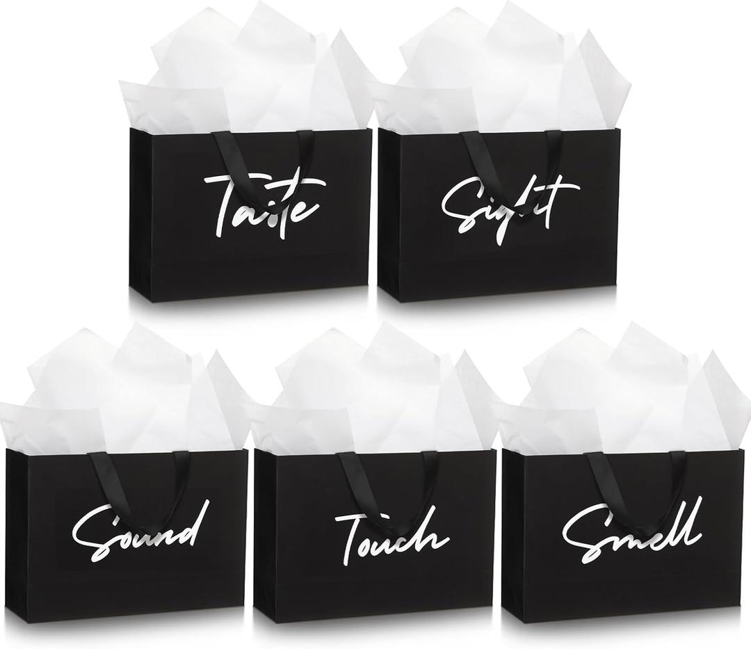 Kolldenn Valentine 5 Senses Gift Bags for Him Her Sight Smell Touch Taste Sound Black Five Senses Gift Bag with 10 Pcs Tissue Wrapping Paper for Valentine's Day 21st Birthday Party Anniversary Wedding