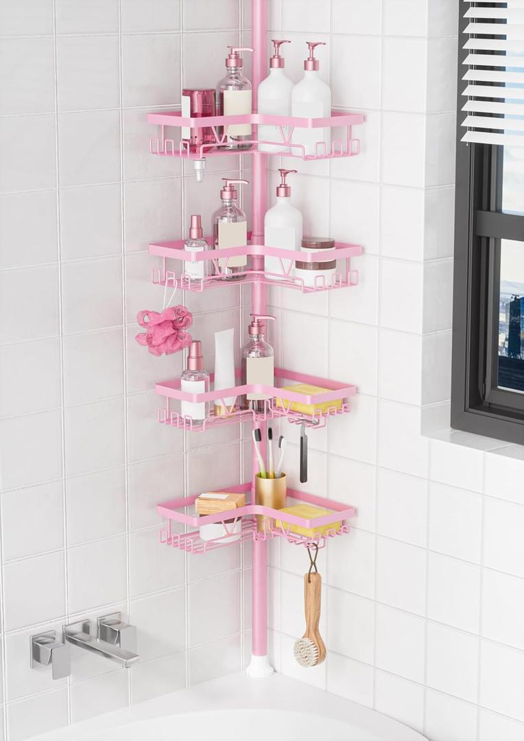 KEGII Shower Caddy Tension Pole, 4-Tier Rustproof Adjustable Corner Bathroom Organizer for Renters, 25114.2 Inch No Drill Space-Saving Shower Storage Rack, Pink