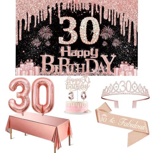 30th Birthday Decorations for Her with Banner, Rose Gold Tablecloth, Number Balloons, 30th Birthday Sash and Tiara, Cake Topper and Candles