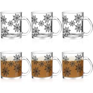 Maxcheck 6 Pack 12 oz Halloween Coffee Mugs Spider Web Glass Cups Gifts Bulk Clear Drinking Glasses with Handle for Halloween Party Supplies Decorations