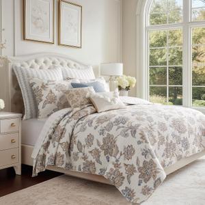 Levtex Home - Selesta Blue Quilt Set - King Quilt and Two King Shams - Floral - Blue Taupe Grey - Quilt (106x92in.) and Shams (20x36in.) - Reversible - Cotton, King/Cal King Quilt