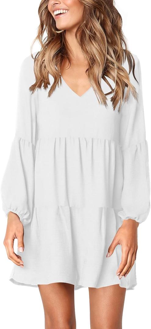 Amoretu Womens Tunic Dress Long Sleeve V Neck Casual Loose Flowy Swing Shift Dresses, M White